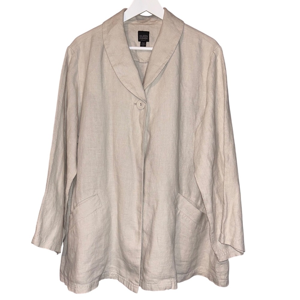 Eileen Fisher Woman 1X Irish Linen Shawl Collar Jacket Beige Single Button